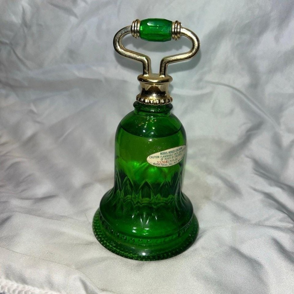 VINTAGE 1978 AVON "ROSES ROSES COLOGNE" COLLECTIBLE GREEN GLASS "BELL" DECANTER - Picture 1 of 7